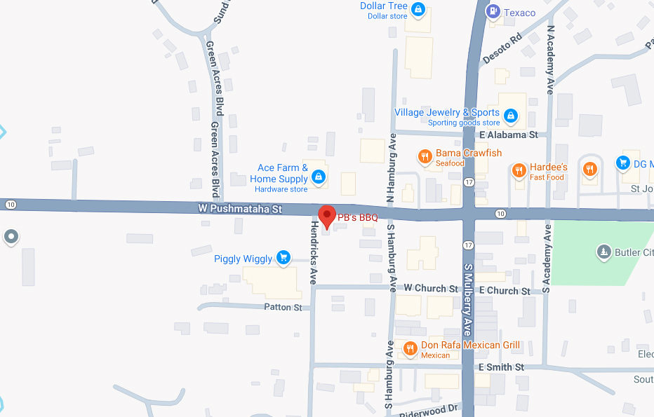 A map showing the location of the Butler, AL location for P.B.'s BBQ