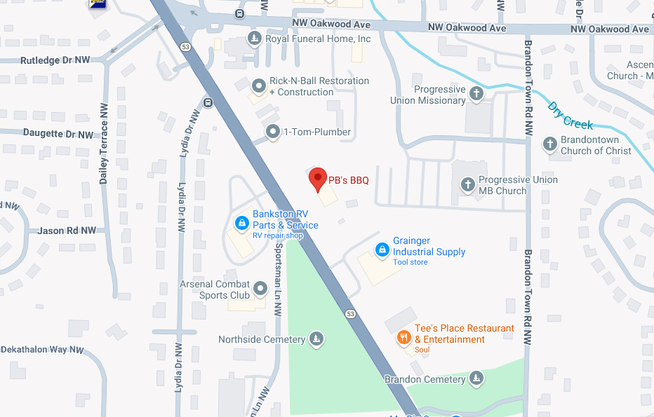 A map showing the location of the Huntsville, AL location for P.B.'s BBQ