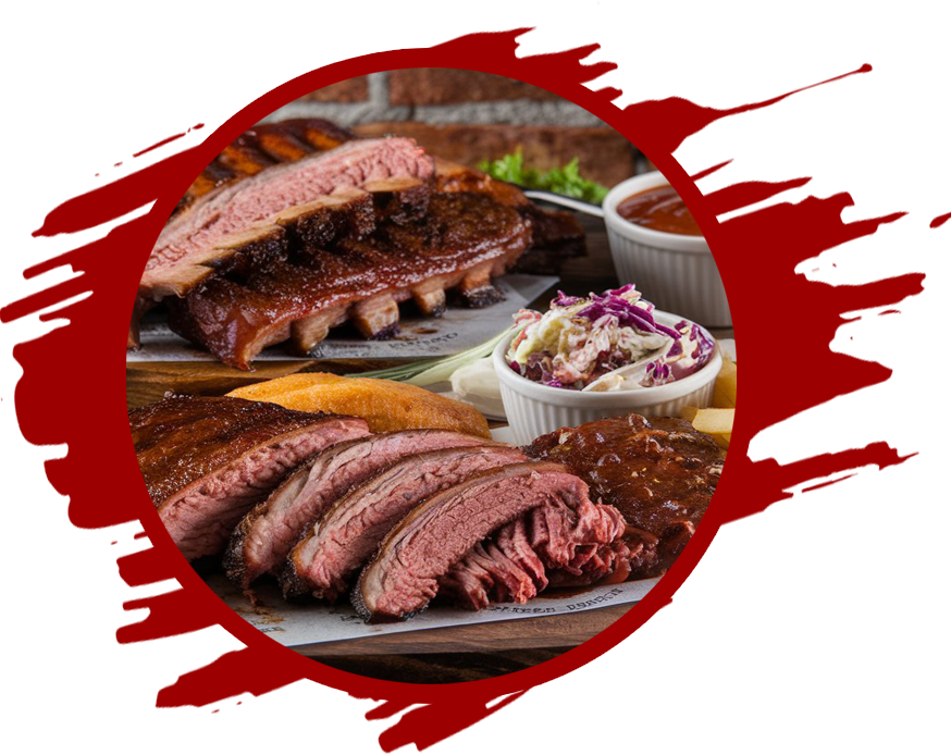 A variety of BBQ dishes including ribs, pulled pork, and brisket. There are also sides like coleslaw, baked beans, and fries.
